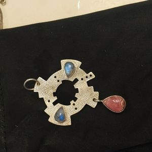 .925 Sterling Silver Pendant Moonstone and Rhodonite w/free stainless steelchain